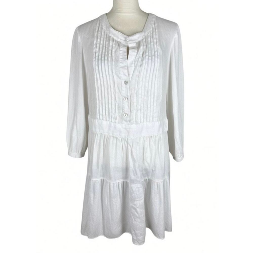 Finley 100% Linen White Mini Dress Long Sleeve Pleated V-Neck Button Size Large - Picture 2 of 8